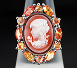 Серебряное кольцо с камеей и золотистыми сапфирами Серебро 925