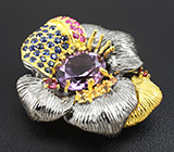 Серебряный кулон с аметистом, разноцветными сапфирами и пурпурными шпинелями Серебро 925