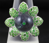 Оригинальное серебряное кольцо-цветок с флюоритом и цаворитами Серебро 925