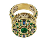 Золотое авторское кольцо с изумрудами, бриллиантами, синими сапфирами и оранжевыми сапфирами Золото