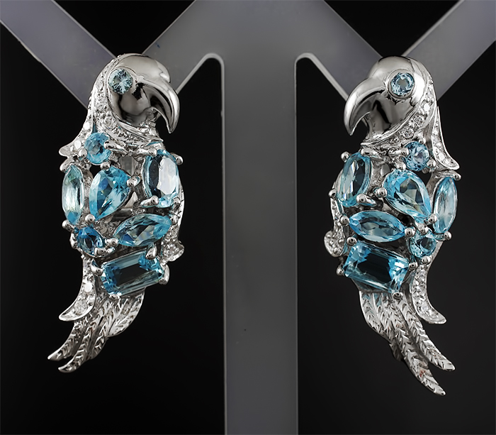 Серебряные серьги "Попугайчики" с топазами