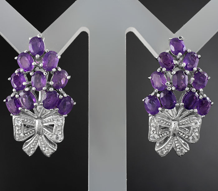 Превосходные серебряные серьги с уругвайскими аметистами и бесцветными топазами