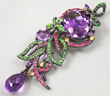 Серебряная брошь/кулон с аметистами, цаворитами, желтыми и пурпурными сапфирами Серебро 925