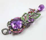 Серебряная брошь/кулон с аметистами, цаворитами, желтыми и пурпурными сапфирами Серебро 925