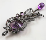 Серебряная брошь/кулон с аметистами, цаворитами, желтыми и пурпурными сапфирами Серебро 925