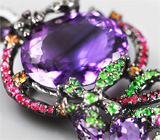 Серебряная брошь/кулон с аметистами, цаворитами, желтыми и пурпурными сапфирами Серебро 925