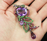 Серебряная брошь/кулон с аметистами, цаворитами, желтыми и пурпурными сапфирами Серебро 925