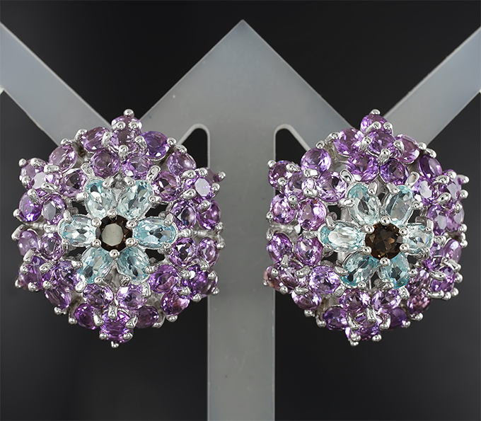 Великолепные крупные серебряные серьги с дымчатым кварцем, голубыми топазами и аметистами