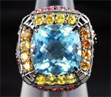 Серебряное кольцо c голубым топазом, разноцветными сапфирами и цаворитами гранатами Серебро 925