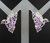 Оригинальные серебряные серьги "Птички" с аметистами