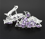 Оригинальные серебряные серьги "Птички" с аметистами