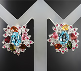 Праздничные серебряные серьги с топазами, разноцветными турмалинами и пурпурными сапфирами Серебро 925