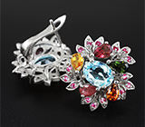 Праздничные серебряные серьги с топазами, разноцветными турмалинами и пурпурными сапфирами Серебро 925