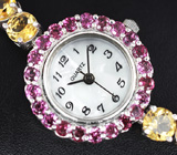 Часы с родолитами на серебряном браслете с цитринами Серебро 925