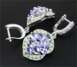 Великолепные серебряные серьги с танзанитами и цаворитами гранатами Серебро 925