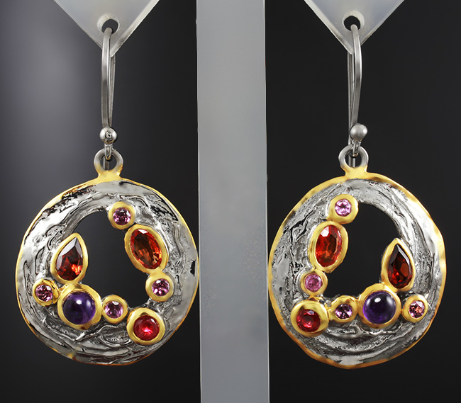 Серебряные серьги с гранатами, аметистами, турмалинами и сапфирами