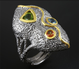 Серебряное кольцо c перидотом, голубым топазом и золотистыми сапфирами Серебро 925