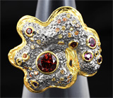Серебряное кольцо c гранатами, аметистами и разноцветными сапфирами Серебро 925