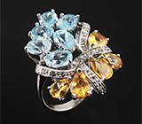 Великолепное серебряное кольцо с цитринами, голубыми и бесцветными топазами Серебро 925