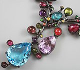 Серебряное колье с топазом, аметистами, цаворитами , разноцветными турмалинами и сапфирами Серебро 925