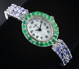 Часы с изумрудами на серебряном браслете с танзанитами Серебро 925