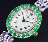 Часы с изумрудами на серебряном браслете с танзанитами Серебро 925