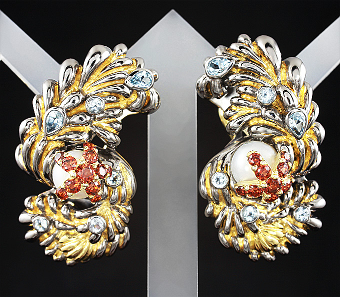 Серьги из серебра 925 пробы с жемчугом, гранатами и голубыми топазами