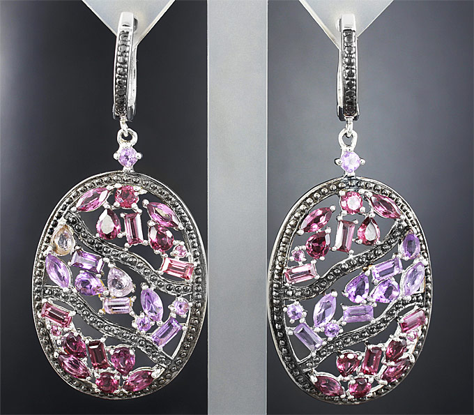 Эффектные серебряные серьги с аметистами и родолитами