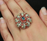 Роскошное серебряное кольцо с топазами и разноцветными сапфирами Серебро 925