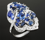 Превосходное серебряное кольцо с насыщенно-синими сапфирами и бесцветными топазами Серебро 925