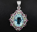 Замечательный серебряный кулон с голубым топазом и родолитами Серебро 925