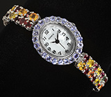Часы с танзанитами на серебряном браслете с сапфирами и родолитами Серебро 925