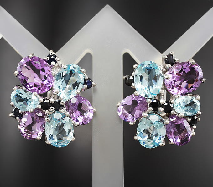 Серебряные серьги с аметистами, топазами и синими сапфирами