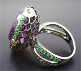 Серебряное кольцо с крупным аметистом, цаворитами и розовыми сапфирами Серебро 925