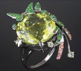 Серебряное кольцо с лимонным цитрином, цаворитами, оранжевыми и зелеными сапфирам Серебро 925