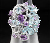 Изысканное серебряное кольцо с голубыми топазами и аметистами Серебро 925
