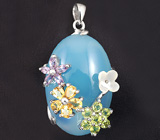 Серебряный кулон с голубым халцедоном, самоцветами и перламутром Серебро 925