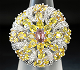 Превосходное серебряное кольцо с розовым турмалином, желтыми сапфирами и топазами Серебро 925