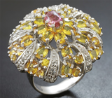 Превосходное серебряное кольцо с розовым турмалином, желтыми сапфирами и топазами Серебро 925