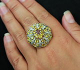 Превосходное серебряное кольцо с розовым турмалином, желтыми сапфирами и топазами Серебро 925