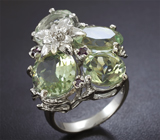 Крупное серебряное кольцо с зелеными аметистами Серебро 925