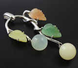 Прелестный серебряный кулон с резным нефритом, лунным камнем и агатом Серебро 925