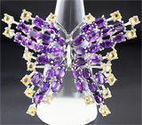 Эффектное крупное серебряное кольцо «Бабочка» с аметистами и цитринами Серебро 925