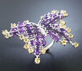 Эффектное крупное серебряное кольцо «Бабочка» с аметистами и цитринами Серебро 925