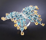 Крупное серебряное кольцо «Бабочка» с голубыми топазами и цитринами Серебро 925