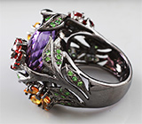 Серебряное кольцо с аметистом, цаворитами, желтыми и красными сапфирами Серебро 925