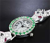 Часы с изумрудами на серебряном браслете с сапфирами и бесцветными топазами Серебро 925