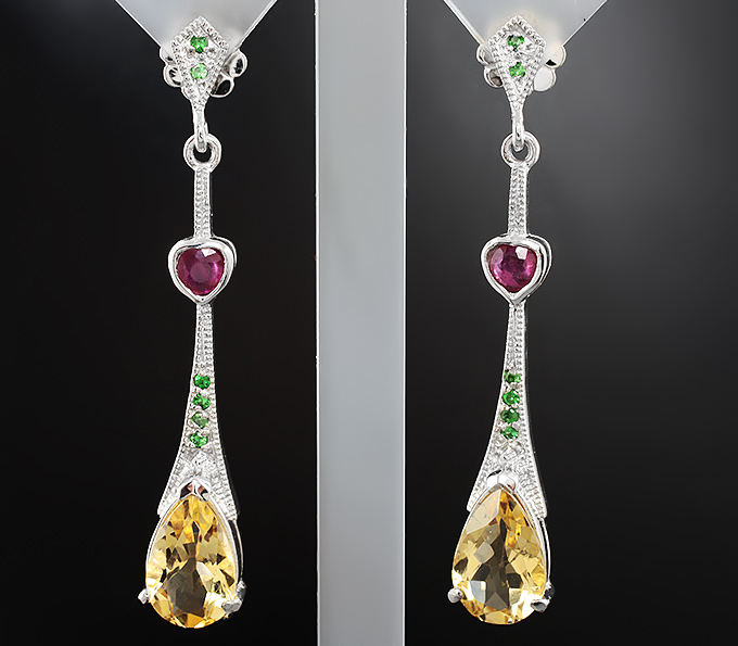 Изысканные серебряные серьги с цитринами, рубинами и цаворитами