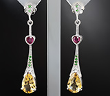 Изысканные серебряные серьги с цитринами, рубинами и цаворитами Серебро 925
