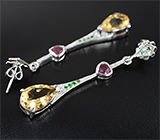 Изысканные серебряные серьги с цитринами, рубинами и цаворитами Серебро 925